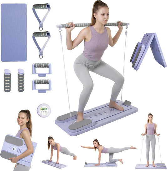 Pilates Board Set - Pilates Reformer, Multi-Foldable Pilates Reformer Set, Portable Pilates Reformer, Trainer Machine for Home Workout with Timer, Ab, Core, Fitness, Exercise (Purple)